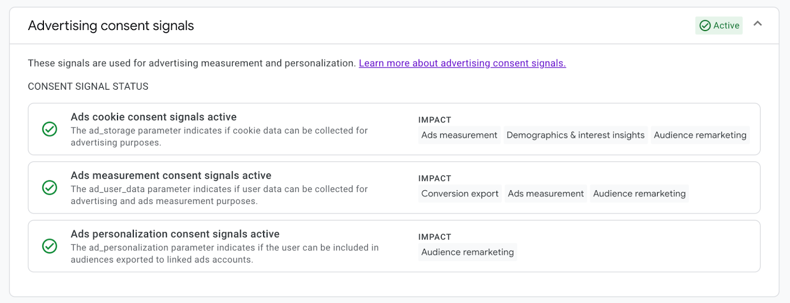 Verify the advertising consent signals are active