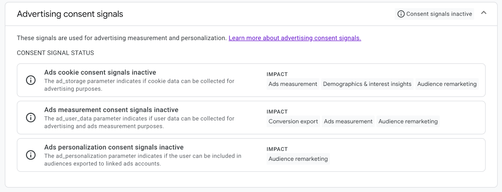 You can find the advertising consent signals are inactive