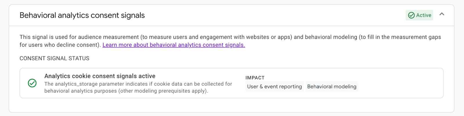 Verify the behavioral analytics consent signals are active