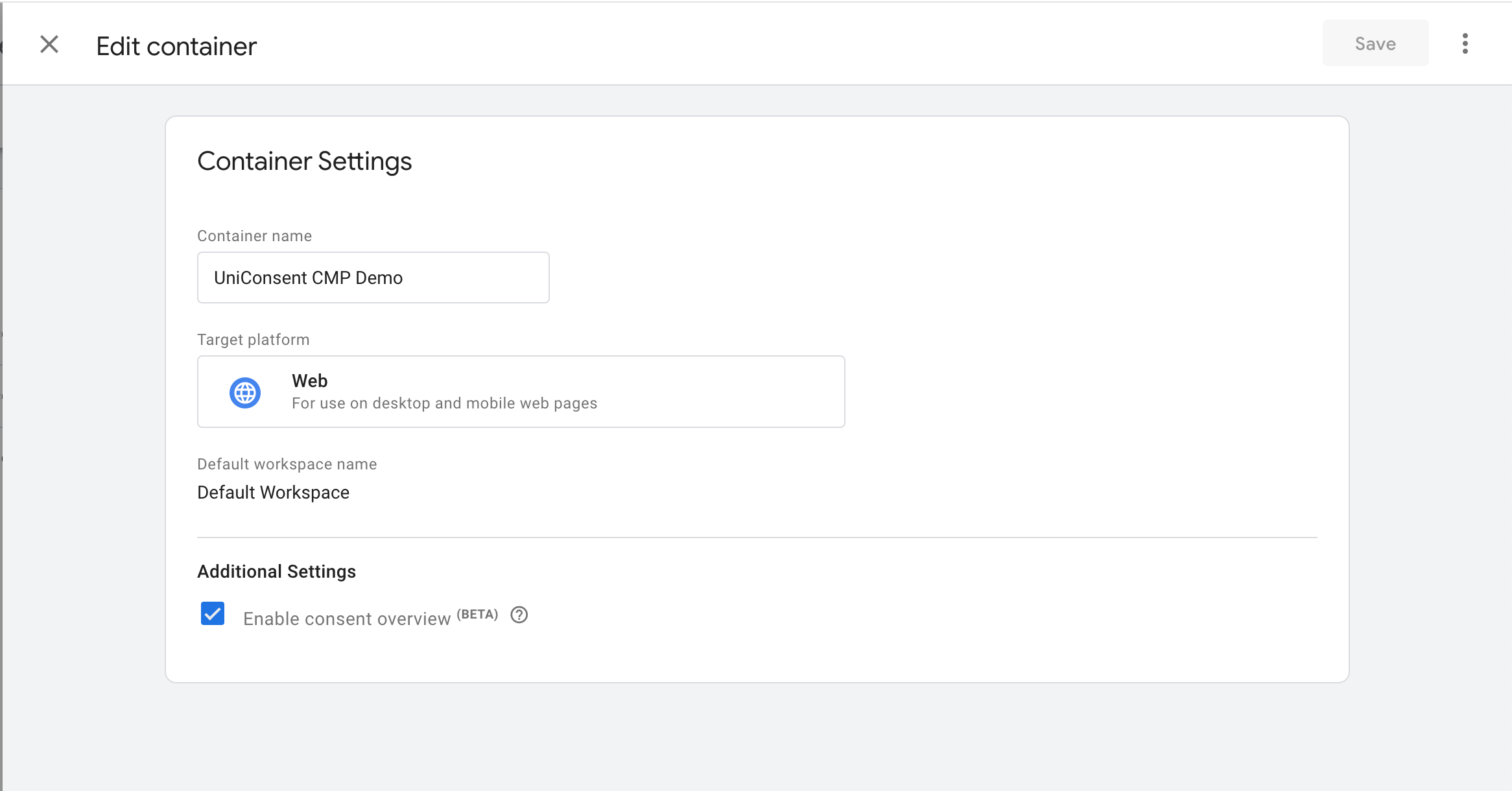 Enable the feature at GTM Container Settings Enable the feature at GTM Container Settings
